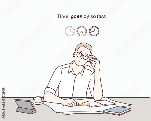 Businessman and the time, time goes by so fast. Hand drawn style vector design illustrations.