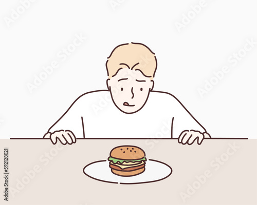 Sweet tooth man on diet tempted by hamburger. Hand drawn style vector design illustrations.