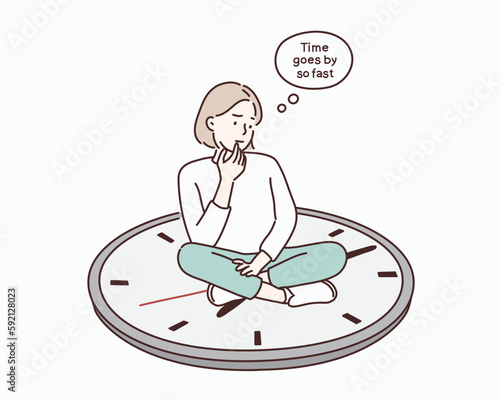 Woman sitting on on a clock. Hand drawn style vector design illustrations.