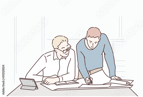 Two businessmen consulting a report together on a desk at office.
 Hand drawn style vector design illustrations.