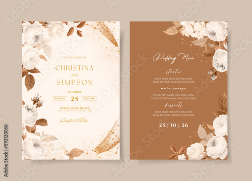 set of wedding invitation card template with dry rose flowers and leaves decoration