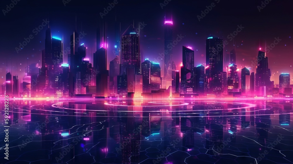 A digital illustration of a city at night with neon network connection, smart city concept. Generative AI. A digital illustration of a city at night with neon network connection, smart city concept. Generative AI.