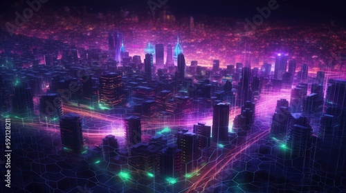 A digital illustration of a city at night with neon network connection, smart city concept. Generative AI. 