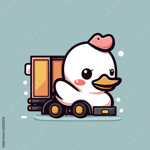 A cartoon duck with a hat drives a delivery truck.