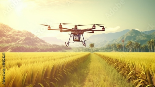 Agriculture drone flying on rice farm to sprayed fertilize. AI Generative.