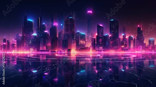 A digital illustration of a city at night with neon network connection  smart city concept. Generative AI. 