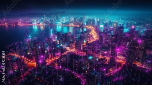 A digital illustration of a city at night with neon network connection  smart city concept. Generative AI. 