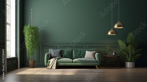 Interior mock up living room. cabinet for TV or place object in modern living room with lamp,table,flower and plant. AI Generative.