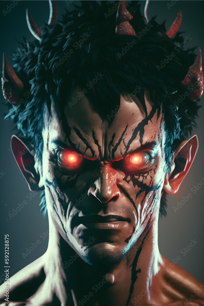 luffy turned into a demon devil horns and red eyes photorealistic