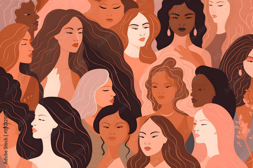 Flat vector illustration Diversity, women and beauty in studio for self love, global community and support, health and wellness skincare. Portraits, women and happy models, body positive groups and in