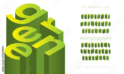 Green isometric font display typeface. Typography a to z minimal design. vector illustration of word