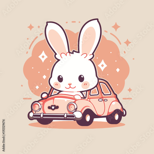 Bunny driving a car cartoon character illustration