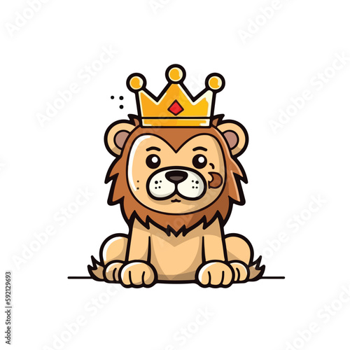 Mascot of cute lion king wearing golden crown. Cartoon flat character vector illustration