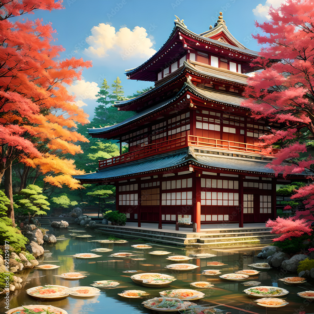 Japanese Print Traditional building street scene art print ink and cg painting - AI Generated