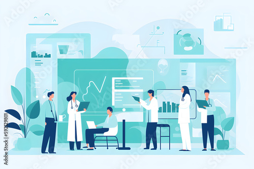 Flat vector illustration Doctors, nurses and team working on tablet for hospital management, data analysis and research support. Clinical outcomes, workflow planning and healthcare professionals, wome photo