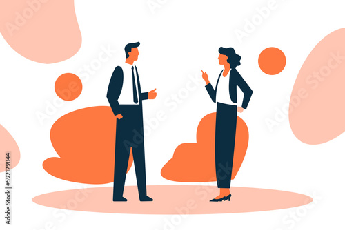 Two business people discussed the business plan on white and orange color background. Business and teamwork concept. Flat design character theme. Vector illustration