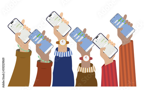 Modern mobile instant messenger chat poster with hands and smartphones. Hands Group Hold Cell Smart Phones Flat, Vector illustration.