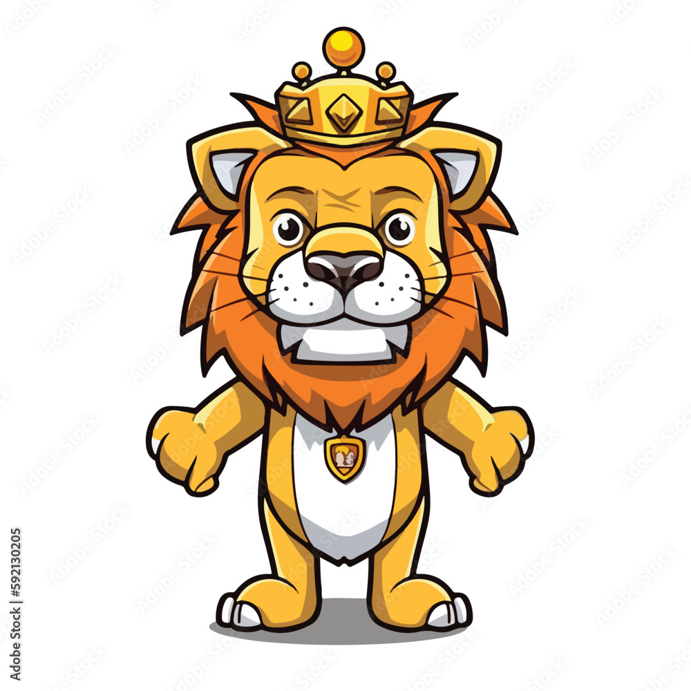 Mascot of cute lion king wearing golden crown. Cartoon flat character vector illustration Mascot of cute lion king wearing golden crown. Cartoon flat character vector illustration