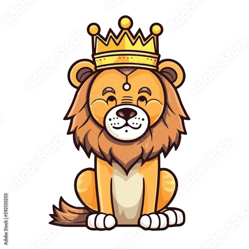 Mascot of cute lion king wearing golden crown. Cartoon flat character vector illustration