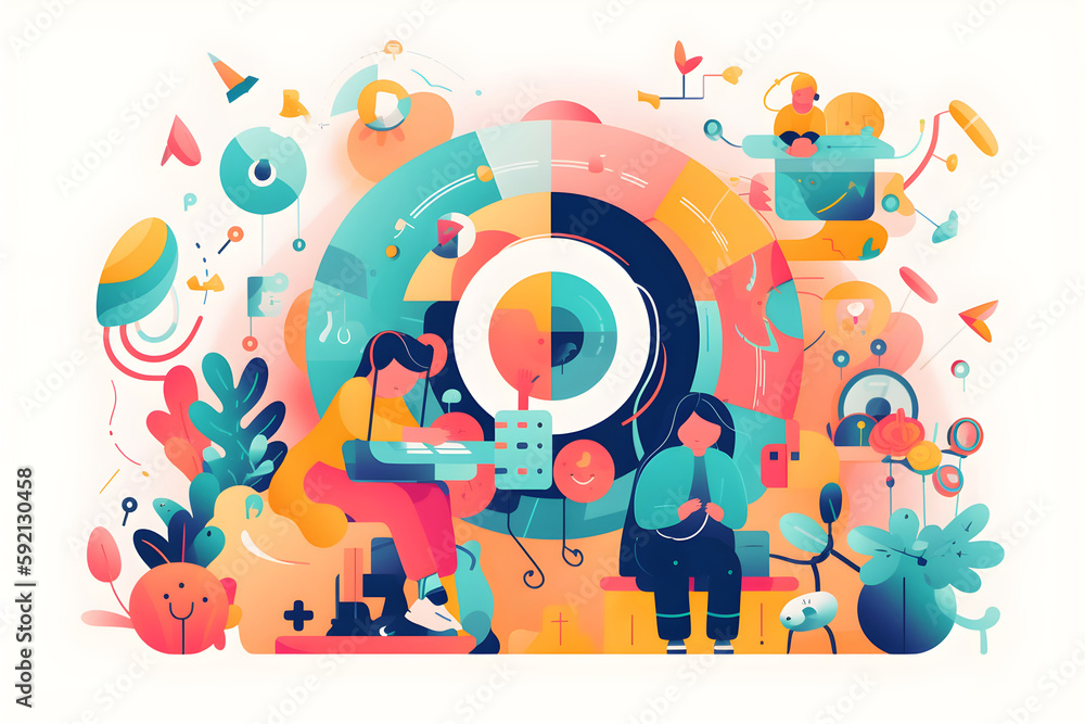 Fototapeta premium Flat vector illustration Educational, family and children use colorful educational toys for kids to learn math. Homeschooling young kindergarten students in headphones, math or creativity busy with...