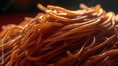 Fototapeta Naklejka Na Ścianę i Meble -  Close up spaghetti on blurred background. The texture of the noodles. Copy space for text. Generative AI.