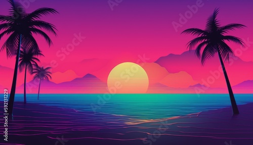 Vaporwave Beach Scene at Sunset or Sunrise