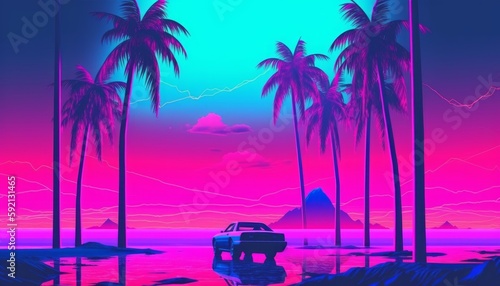 Classic Outrun and Vaporwave Car Looking at Sunset