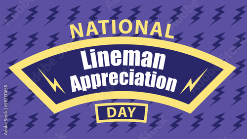 National Lineman Appreciation Day vector banner design with lightning bolt icon pattern, typography and purple yellow color combination. National Lineman Appreciation Day simple modern poster design.