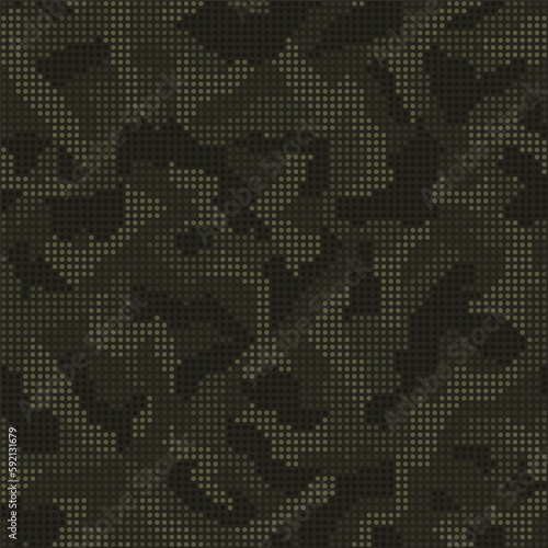 Abstract halftone seamless camouflage, led style texture. Dot pattern in dark khaki green colors, camo digital background. Vector pixel art wallpaper