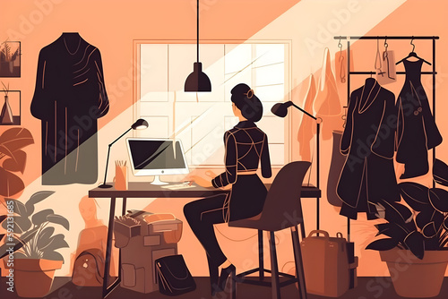 Flat vector illustration Fashion, design and laptop, a black seamstress working in her workshop for the production of creative or fashion clothes. Computing, e-commerce and retail, a female employee a