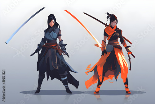 Flat vector illustration Female sword and assassin costume in studio with mockup space for action, movie promo or branding. Girls for logos, branding and advertising, blades and models with model ninj
