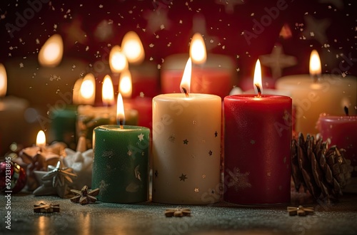 Burning candle and Christmas decoration over snow and wooden background. Generative Ai.