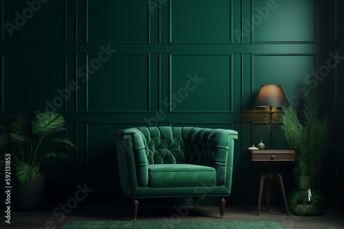Bulp green armchair that matches the shade of your dark green wall, Generative AI 
