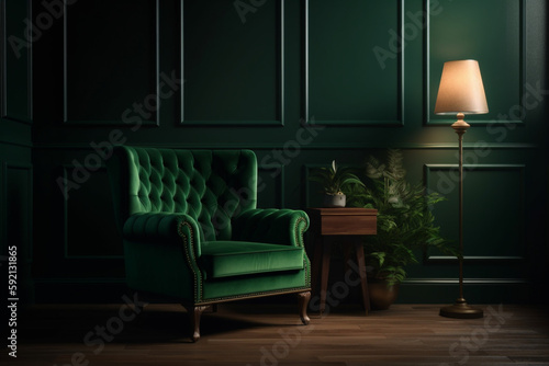 green armchair that matches the shade of your dark green wall, Generative AI   © Tahsin