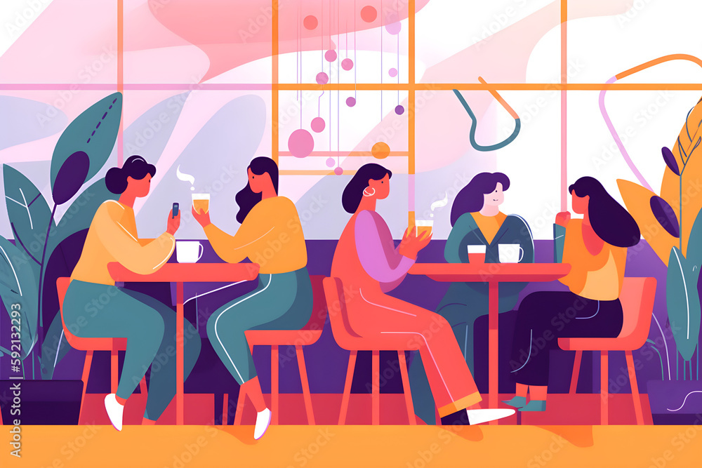 Flat vector illustration Friends laughing together in a cafe, on the phone or on social media with happy smiles on holiday together. Crazy news, internet or Gen Z women sipping cocktails while reading Flat vector illustration Friends laughing together in a cafe, on the phone or on social media with happy smiles on holiday together. Crazy news, internet or Gen Z women sipping cocktails while reading