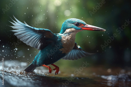 kingfisher flying in river with water splash