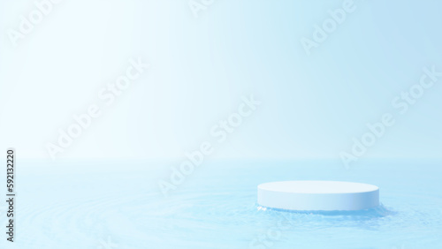 水面に浮かぶ白い円柱の台座。海のように広い空間。（横長）