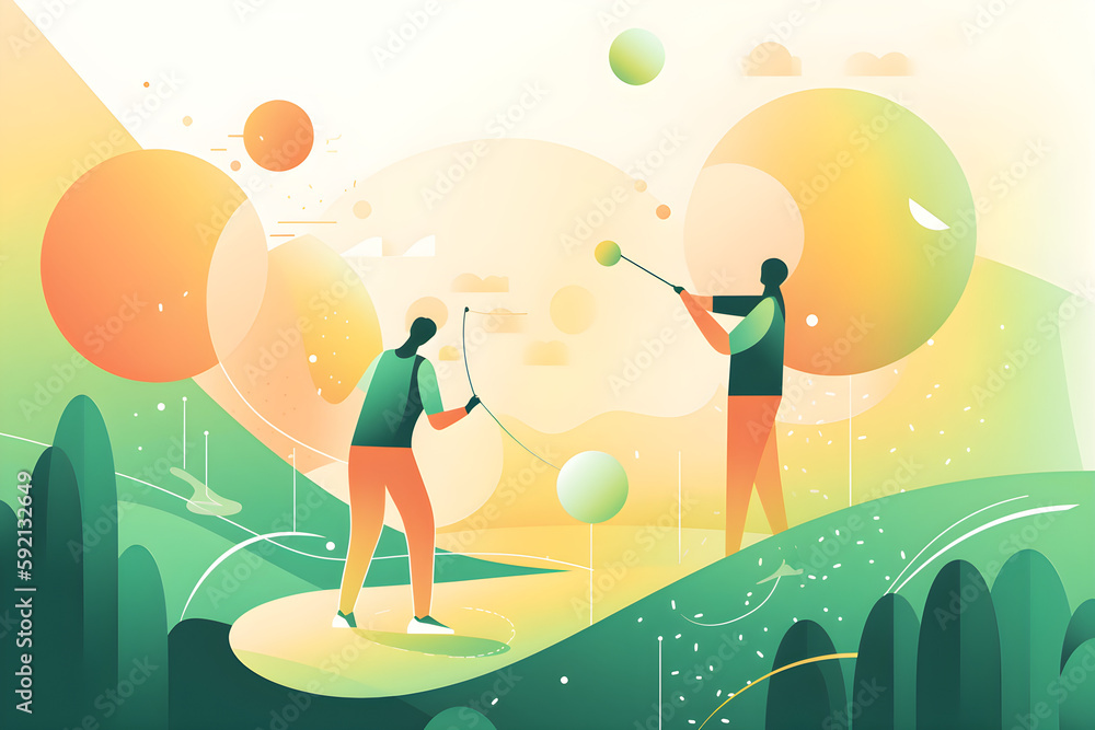 Flat vector illustration Golf lessons, gym lessons, and coaching hands help a person swing and hit a golf ball outdoors. Player-ready lens flares, greens and club support...