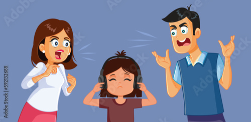 Parents Screaming while Daughter Listens to Headphones Ignoring them. Mom and dad scolding little girl who ignores them completely 
