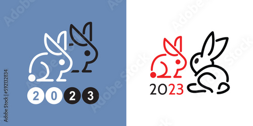 A pair of bunnies and rabbits. Outline standing rabbits. Line drawing of the Chinese new year 2023. Icon, logo, symbol and print template. New year 2023 symbol. Vector illustration.