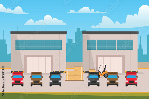 Logistics warehouse with loading truck and working forklift d vector illustration concept for banner, website, illustration, landing page, flyer, etc.