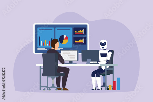 People and Humanoids working together 2d vector illustration concept for banner, website, illustration, landing page, flyer, etc.