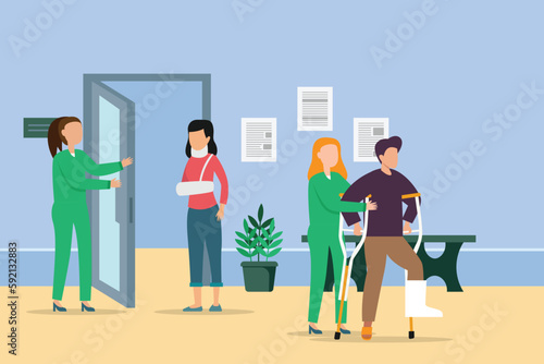 Nurse is helping patient with broken leg 2d vector illustration concept for banner, website, illustration, landing page, flyer, etc.