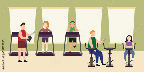fitness club concept with gym space and people traning 2d vector illustration concept for banner, website, illustration, landing page, flyer, etc.
