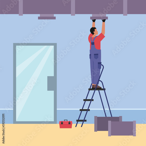 Hvac ventilation installation or repair man 2d vector illustration concept for banner, website, illustration, landing page, flyer, etc.