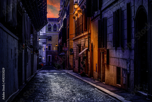 Fototapeta Naklejka Na Ścianę i Meble -  Morning narrow side street after the rain in Rome, Italy