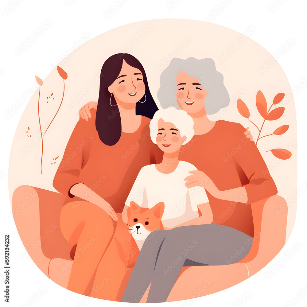 Flat vector illustration Happy family, portrait and hugging girl with mother and grandmother sitting on sofa, smiling and cute over blurred background. Faces, lines and generations of women relaxing o Flat vector illustration Happy family, portrait and hugging girl with mother and grandmother sitting on sofa, smiling and cute over blurred background. Faces, lines and generations of women relaxing o