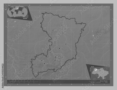 Fototapeta Naklejka Na Ścianę i Meble -  Rivne, Ukraine. Grayscale. Labelled points of cities.
