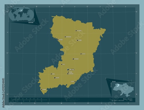Fototapeta Naklejka Na Ścianę i Meble -  Rivne, Ukraine. Solid. Labelled points of cities
