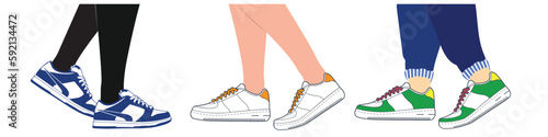 Set of female or male legs in the sneakers and sports shoes. Walking legs in sports shoes and pants. Trendy fashion fitness footwear vector concept. Colorful and stylish shoes. Vector.